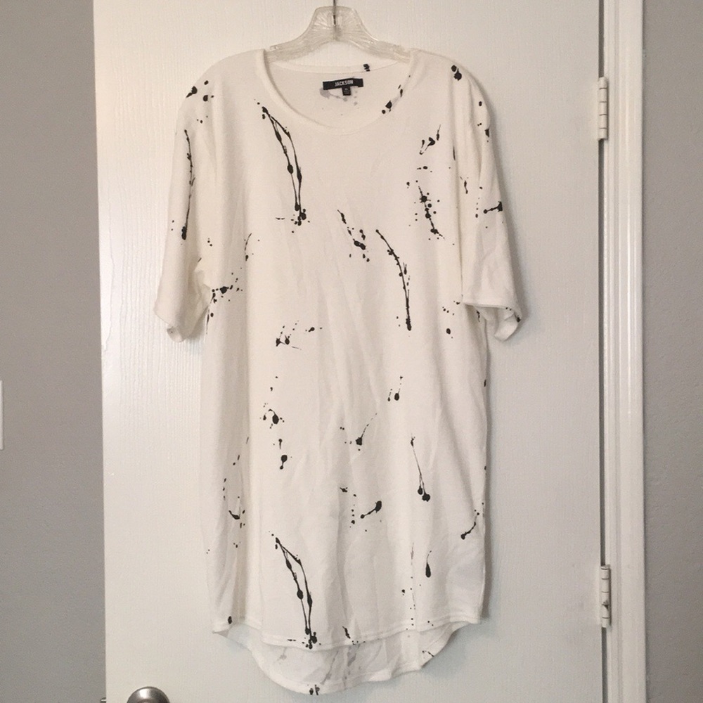 JACKSON white and black paint-splashed dress.